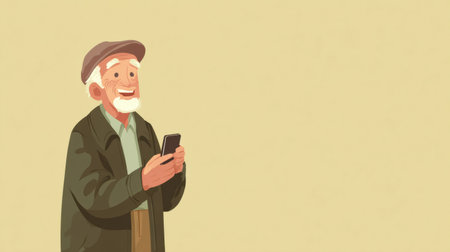 A smiling elderly man engages with his smartphone, illustrating joy and connection with technology in a warm setting.の素材