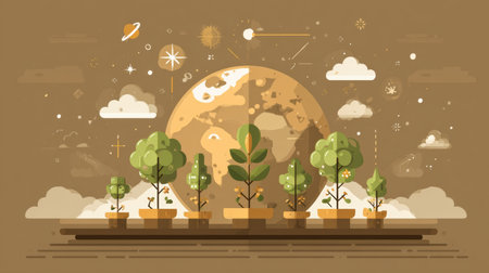 Colorful plants thrive on a shelf under a vibrant planet, with stars and clouds adding a whimsical touch to the scene.の素材