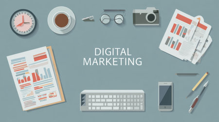 Coffee cup, clock, documents, and gadgets arranged on a workspace for digital marketing tasks. Ideal for creative professionals.の素材