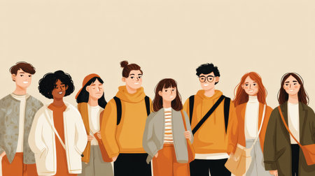 A diverse group of young individuals wearing cozy clothing smiles together in a friendly atmosphere, enjoying a memorable moment.の素材