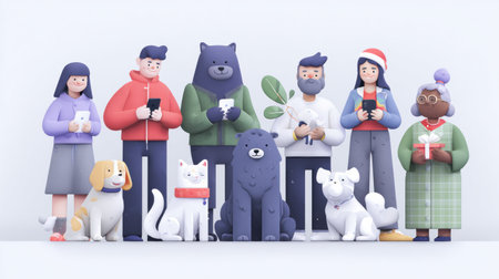 A group of individuals and animals stand together, each engaged with their devices, reflecting a sense of community and interaction.の素材