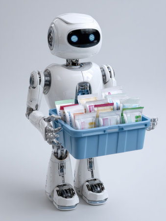 A robotic assistant stands with a blue basket full of various currency notes in a clean, modern layout.の素材