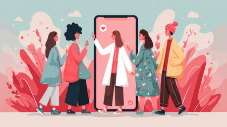 Five young individuals gather around a large smartphone, discussing and enjoying the lively outdoor atmosphere with colorful plants.の素材