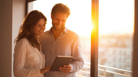 A couple smiles as they explore content on a tablet, illuminated by the warm glow of a sunset.の素材