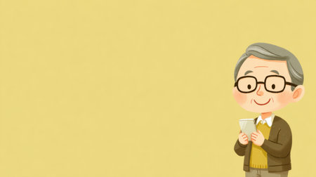 Senior man with glasses is happily using his smartphone, surrounded by a warm, friendly atmosphere in a vibrant yellow environment.の素材