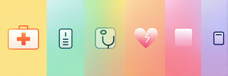 Colorful symbols depict various aspects of health and wellness, including medical equipment and heart care in a vibrant design.の素材