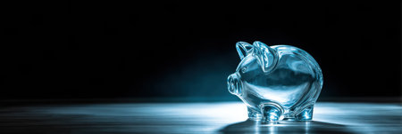 A transparent glass piggy bank stands beautifully illuminated, capturing light and creating a serene atmosphere in dark surroundings.の素材