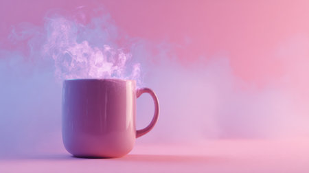 A warm mug releases steam in a serene setting, evoking a feeling of comfort and relaxation in the early morning light.の素材