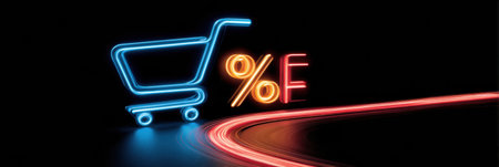 Neon lights create a shopping cart and a percentage symbol against a black backdrop, suggesting discounts and sales.の素材