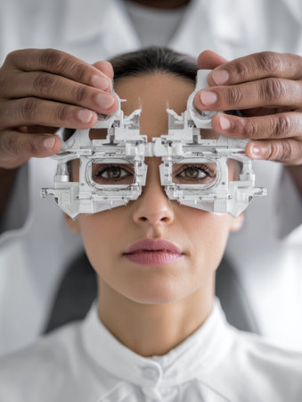 Optometrist carefully adjusts the testing device on a female patient in a medical setting, focusing on eye sight evaluation.の素材
