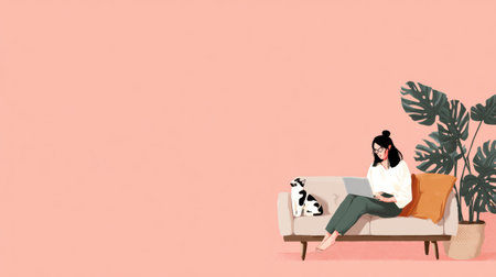 A woman sits comfortably on a couch, focused on her laptop while surrounded by plants and soft furnishings in a cozy space.の素材