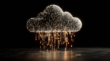 A cloud made of glowing binary numbers is depicted, symbolizing data and technology with a modern and artistic flair in a dark setting.の素材