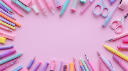 A vibrant collection of stationery supplies like pens, markers, and scissors laid out on a soft pink surface, inviting creative work.の素材