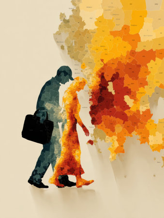 Couple strolls side by side, immersed in a colorful map, symbolizing travel and shared experiences in a lively setting.の素材