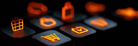 Backlit keyboard icons highlight shopping, organization, and digital interaction in a sleek, modern environment during evening hours.の素材