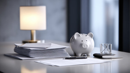 A contemporary office setup features a piggy bank, stacked documents, a lamp, a glass of water, and a smartphone on a desk.の素材