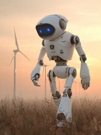 A humanoid robot strolls through a grassy field during sunset, surrounded by wind turbines against a serene backdrop.の素材