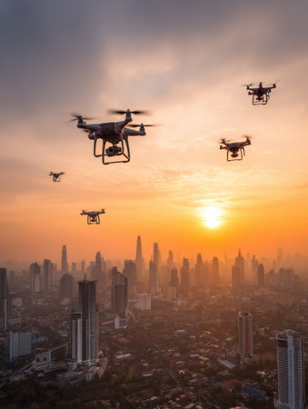 Multiple drones hover above a sprawling cityscape during sunset, showing the vibrant hues of the sky and urban structures.の素材