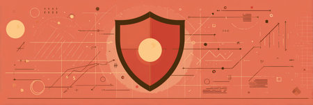 Digital artwork represents a shield symbol against a backdrop of geometric patterns and graphs, emphasizing the concept of data security.の素材