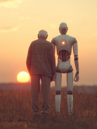 An elderly man holds hands with a robot as they enjoy the breathtaking sunset in a tranquil field, creating a moment of connection.の素材