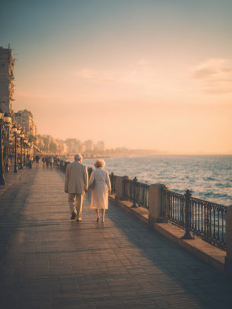 Elderly couple strolls side by side along the promenade, enjoying the warm sunset and ocean breeze.の素材