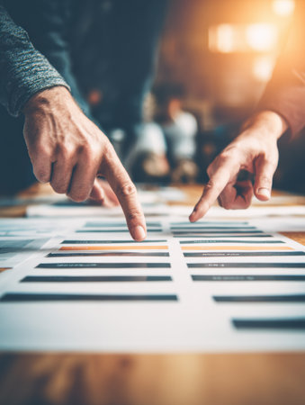 Two hands point at various printed designs on a wooden table, showcasing a collaborative brainstorming session in a cozy atmosphere.の素材