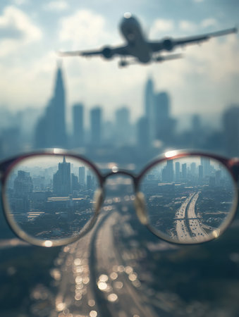 An airplane flies above a city skyline, seen through a pair of glasses resting on a table, highlighting the blend of vision and travel.の素材