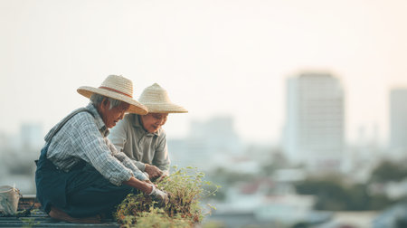 Two elderly people carefully tending to plants on a rooftop garden surrounded by city buildings in warm light.の素材