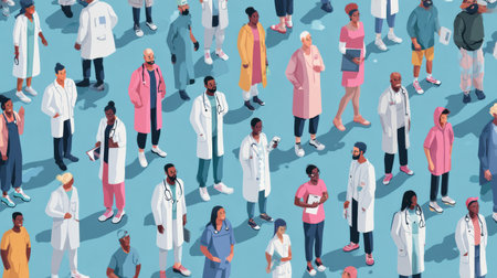 Healthcare professionals and staff in diverse clothing styles engage in a lively crowd, showcasing unity and collaboration in healthcare.の素材