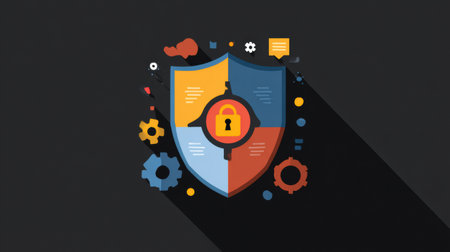 A colorful shield design featuring a lock symbol, representing the concept of cybersecurity and protection in the digital world.の素材