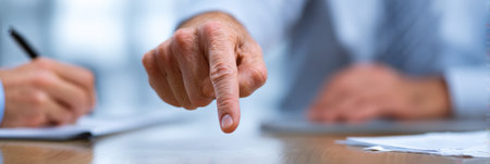 Hands engaged in a serious discussion, emphasizing key points at a business meeting with notes and documents present.の素材