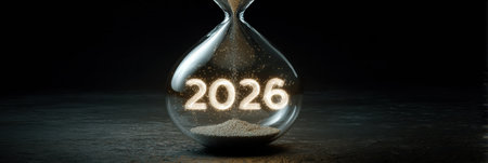 An hourglass represents time flowing with the year 2026 glowing in sand, creating a striking visual against a dark setting.の素材