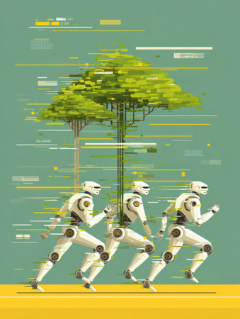 Three robots are sprinting forward with a tree illustration in the background, symbolizing the blend of urban technology and nature.の素材