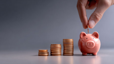 A hand drops a coin into a pink piggy bank next to increasing stacks of coins, symbolizing savings and financial growth.の素材