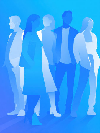 Five diverse silhouettes stand against a bright blue background, symbolizing unity and collaboration in a modern setting.の素材