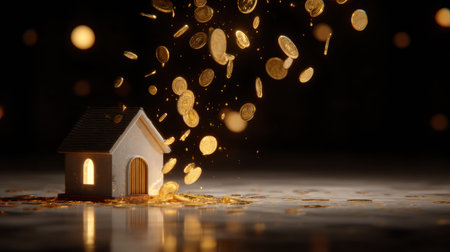 A small house model sits on a surface while golden coins pour down around it, symbolizing abundance and financial growth.の素材