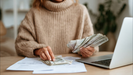 A woman in a cozy sweater counts cash and organizes financial documents besides a laptop on her desk at home.の素材