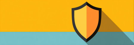 A modern graphic showcases a shield emblem against a bright background, combining vibrant colors for a striking visual impact.の素材