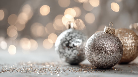 Shiny silver and gold Christmas ornaments rest on a surface, surrounded by soft, glowing lights creating a festive atmosphere.の素材