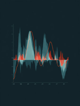This digital graphic shows audio dynamics with vibrant sound waves, highlighting shifts in frequency and amplitude.の素材