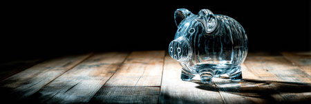 A shiny glass piggy bank stands out on a rustic wooden table, softly illuminated in a low-light environment, creating a warm atmosphere.の素材