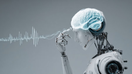 Futuristic robot showing a glowing brain with sound waves, symbolizing artificial intelligence and cognitive capabilities.の素材