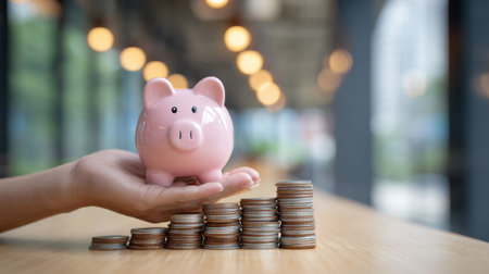 A hand holds a pink piggy bank while stacks of coins are arranged on a table, symbolizing savings and financial growth.の素材