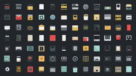 A vibrant set of minimalist icons featuring diverse tools and devices on a dark background, offering a modern visual experience.の素材