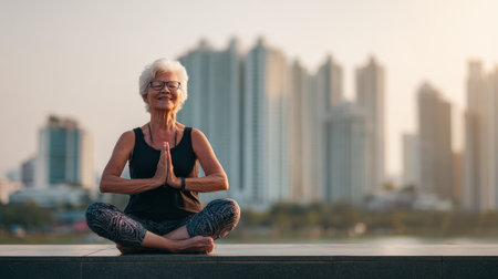 Elderly woman sits in a yoga pose by a water body, enjoying the sunset with a city skyline in the background.の素材
