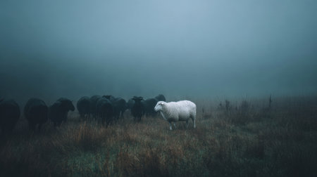 A misty morning in a grassy landscape features a solitary white sheep surrounded by dark sheep, creating a serene yet mysterious scene.の素材
