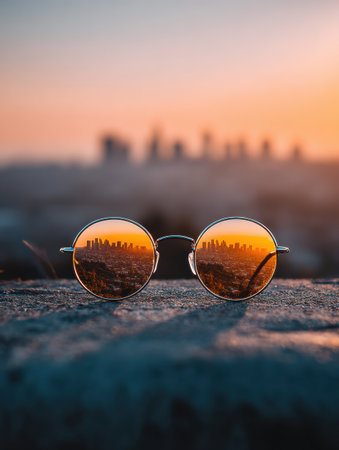 Sunglasses sit on a rock, capturing the sunset glow and cityscape of Los Angeles in their lenses, creating a serene atmosphere.の素材