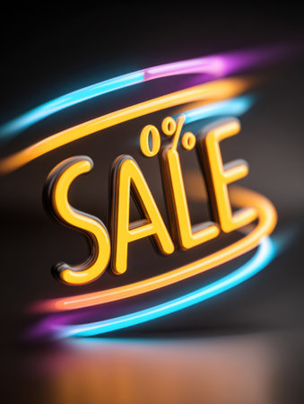 Colorful neon sale sign glows prominently, creating a vibrant atmosphere in a shop that draws customers in to explore offers.の素材