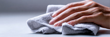 A hand wipes down a smooth surface with a soft cloth, focusing on cleanliness in a well-lit room.の素材