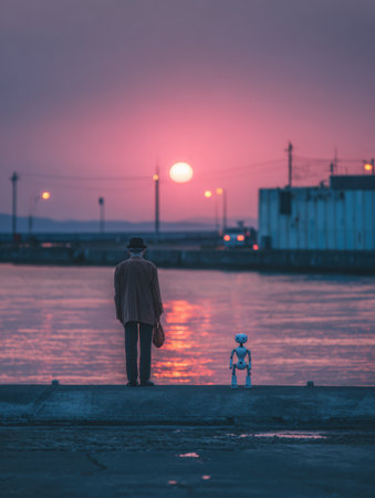 A man in a suit stands beside a robot at the waters edge, watching a colorful sunset reflect on the surface.の素材